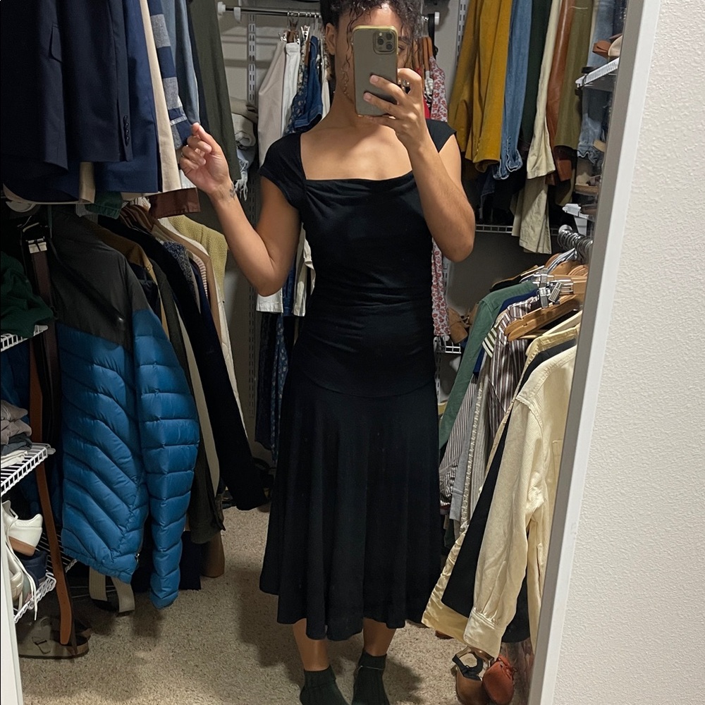Romy Black Ruched Drop Waist Midi Dress Y2K Size S